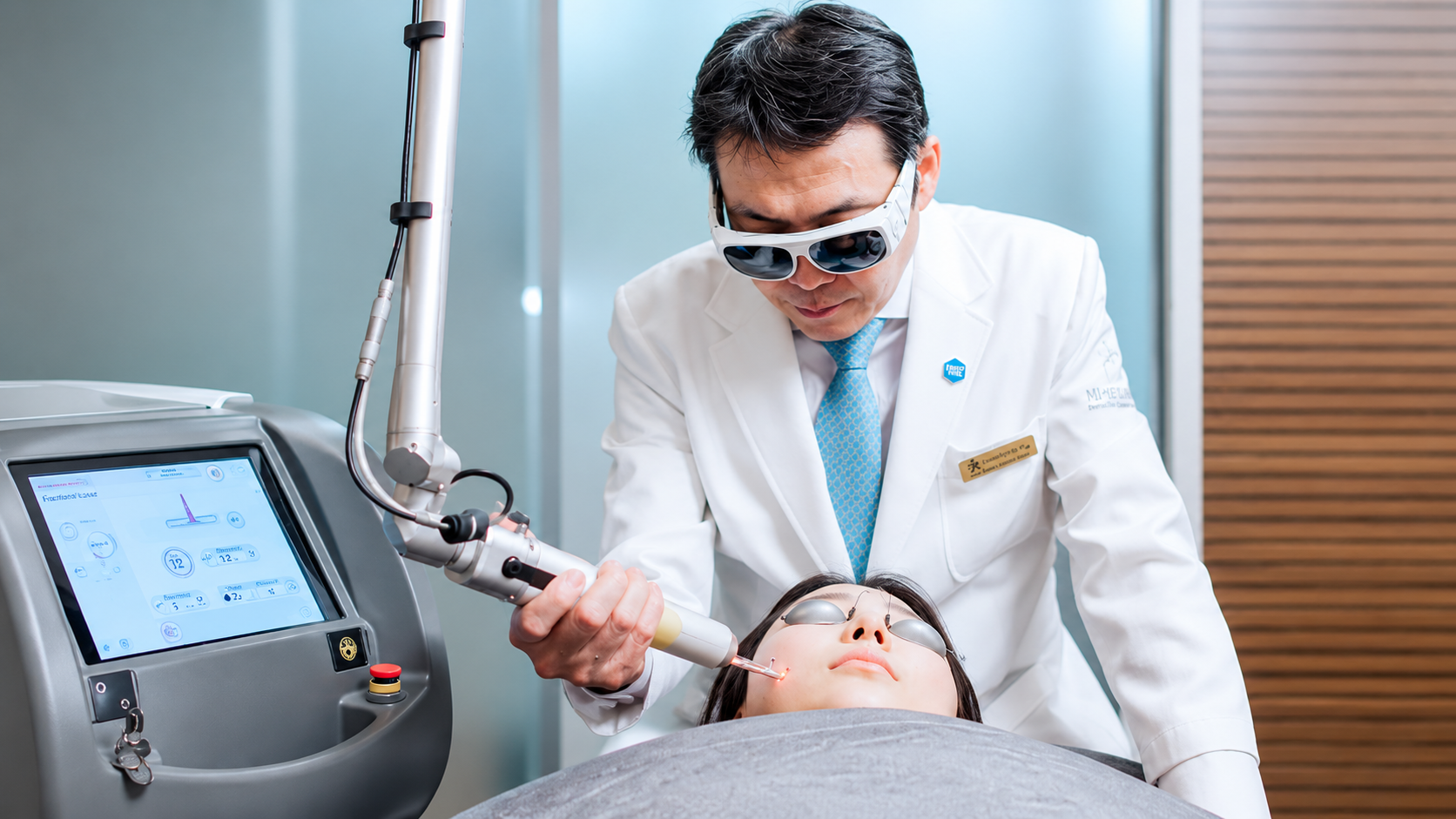整形外科医生在 TAE Plastic Surgery Clinic 使用医疗激光设备进行面部治疗。