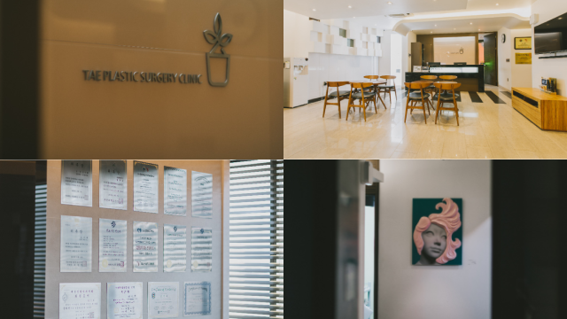 TAE Plastic Surgery Clinic-ийн дотоод орчныг харуулсан дөрвөн хэсэгтэй зургийн коллаж бөгөөд үүнд үүдний тэмдэглэгээ, хүлээлгийн хэсэг, мэргэжлийн үнэмлэх, гэрчилгээний хана болон коридорын урлагийн бүтээлүүд багтана.