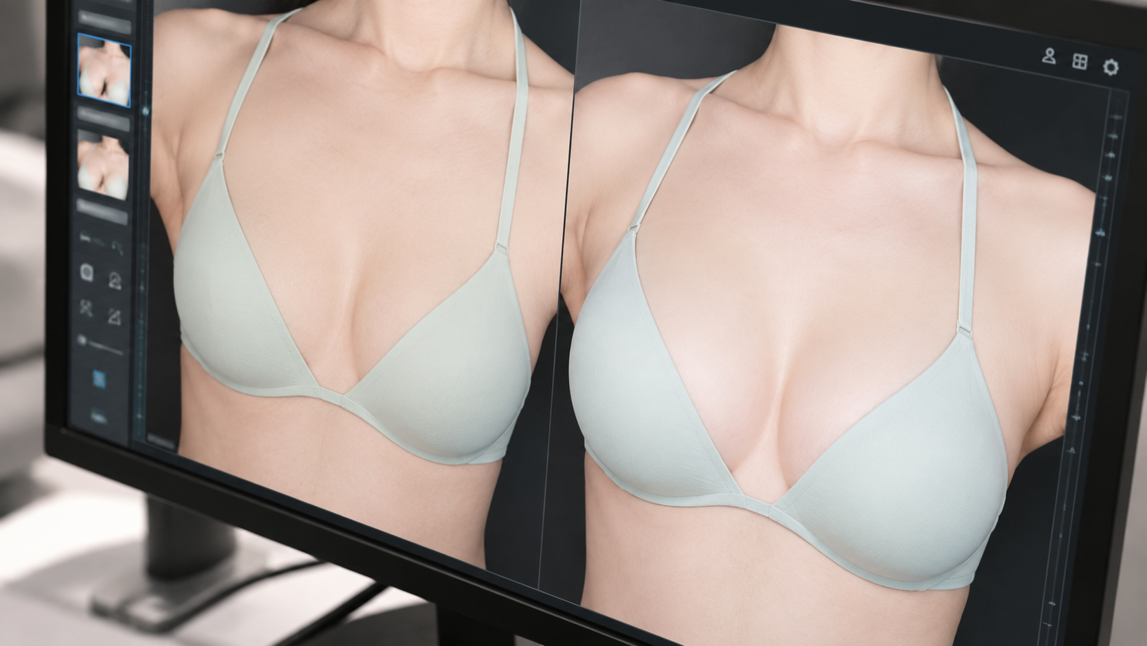 Before-and-after breast images displayed on a screen during revision breast surgery planning and assessment