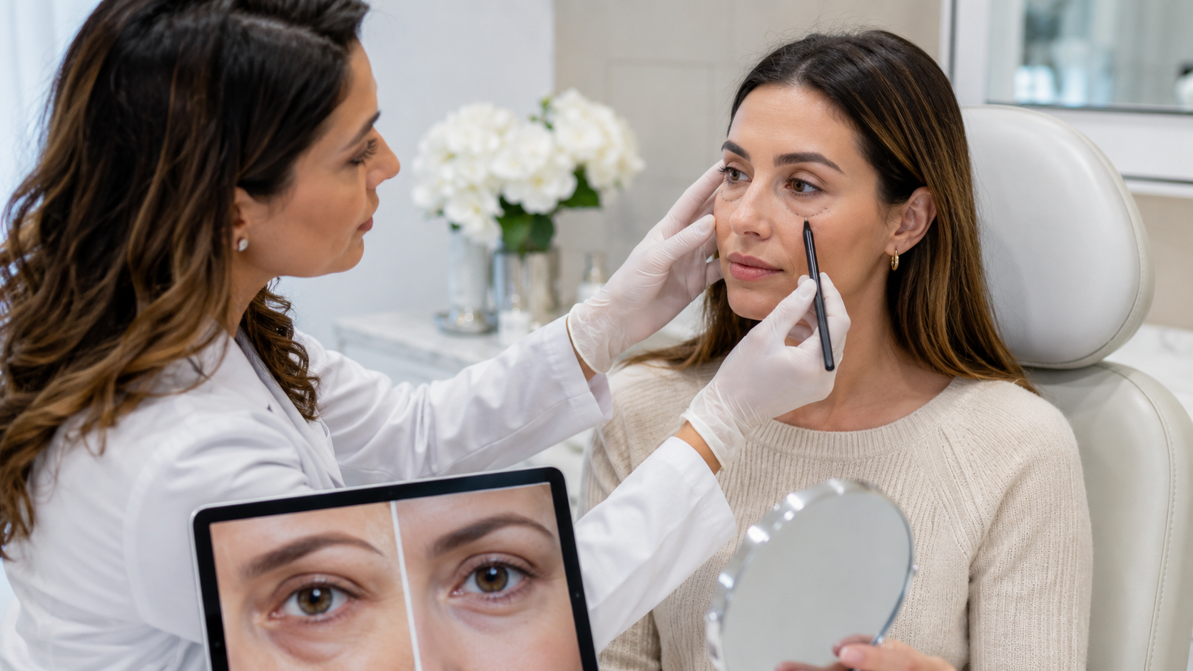 Doctor assessing a patient for under-eye fat contouring treatment.
