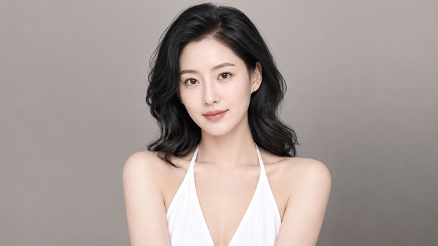 Woman with wavy dark hair wearing a white halter top and looking at the camera.