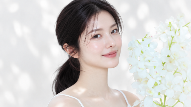 Woman with dark hair tied back smiling at the camera beside white flowers.