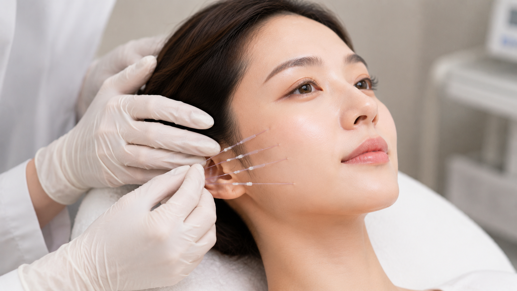 Thread lifting procedure on the face, showing cosmetic threads inserted along the cheek for facial lifting and skin tightening.