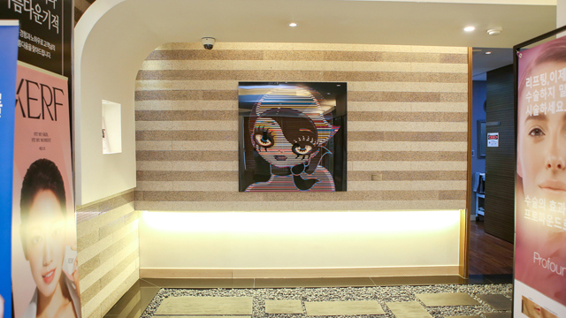 Entrance area at TAE Plastic Surgery Clinic with illuminated wall panels, framed artwork, and treatment banners.
