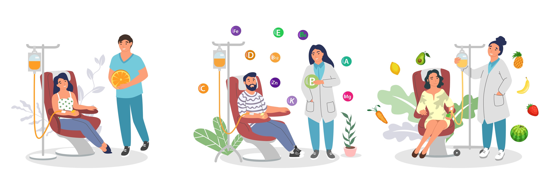 Illustrated scenes showing patients receiving nutritional IV therapy from medical professionals, with visual icons of vitamins, fluids, and healthy foods, representing personalized, medically supervised IV wellness treatments at Second Spring Women’s Clinic.