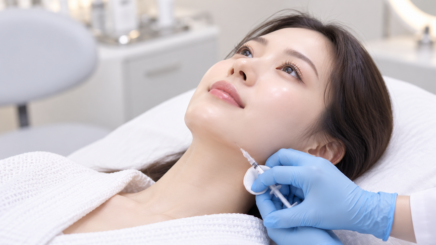 Practitioner wearing blue gloves administering an injection along a reclining woman’s jawline.
