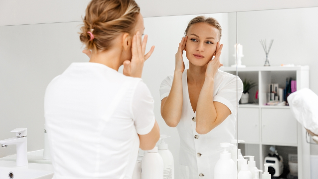 Woman checking her face in the mirror for realistic skincare expectations