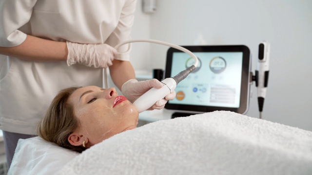 A clinician performing an energy-based skin tightening treatment on a woman's face