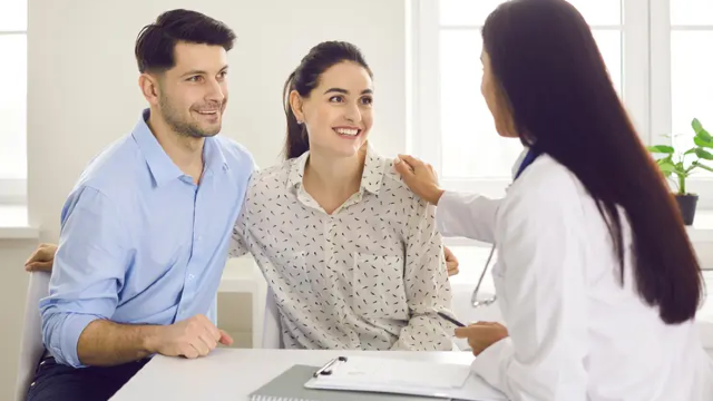 Couple consulting a gynecologist during vulvar whitening treatment consultation