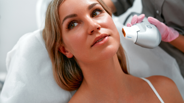 Patient receiving a surgical facelift using a medical device.