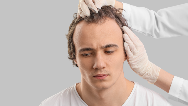 Doctor examining a patient’s scalp and hair loss during a consultation.