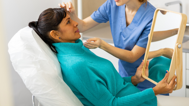 Doctor examining a patient’s face during a skin assessment before laser treatment.