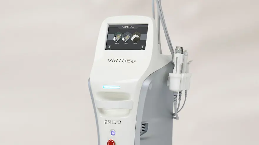 The VirtueRF microneedling radiofrequency device displayed in a clinical setting, representing advanced skin tightening, collagen stimulation, and regenerative dermatology technology used at Second Spring Women’s Clinic.